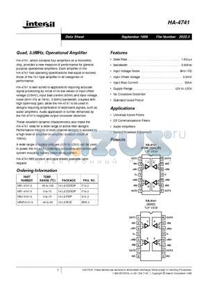 HA1-4741-2 datasheet - Quad, 3.5MHz, Operational Amplifier