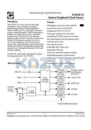 ICS650R-21IT datasheet - System Peripheral Clock Source