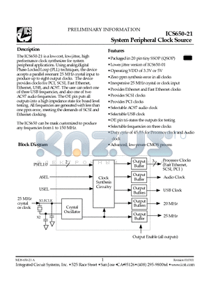 ICS650R-21T datasheet - System Peripheral Clock Source