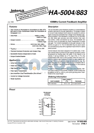 HA1-5004/883 datasheet - 100MHz Current Feedback Amplifier