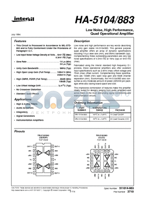 HA1-5104883 datasheet - Low Noise, High Performance, Quad Operational Amplifier