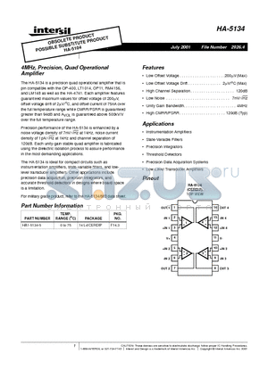 HA1-5134-5 datasheet - 4MHz, Precision, Quad Operational Amplifier