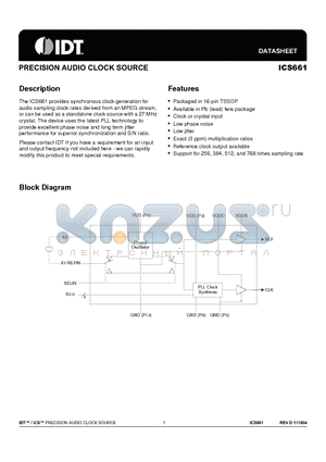 ICS661 datasheet - PRECISION AUDIO CLOCK SOURCE