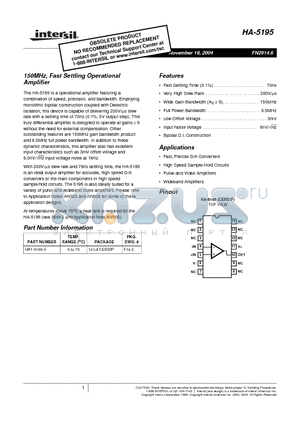 HA1-5195-5 datasheet - 150MHz, Fast Settling Operational Amplifier