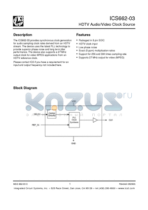 ICS66203 datasheet - HDTV Audio/Video Clock Source