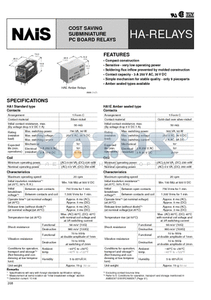 HA1-AC48V datasheet - COST SAVING SUBMINIATURE PC BOARD RELAYS