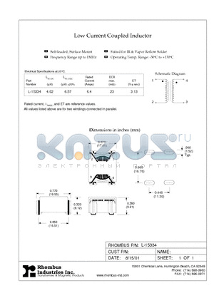 L-15334 datasheet - Low Current Coupled Inductor