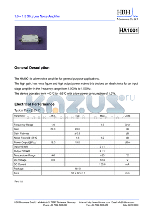 HA1001 datasheet - 1.0 - 1.5 GHz Low Noise Amplifier