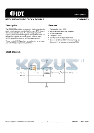 ICS662M-03LF datasheet - HDTV AUDIO/VIDEO CLOCK SOURCE