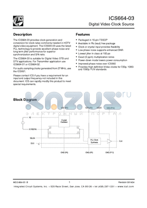 ICS664-03 datasheet - Digital Video Clock Source