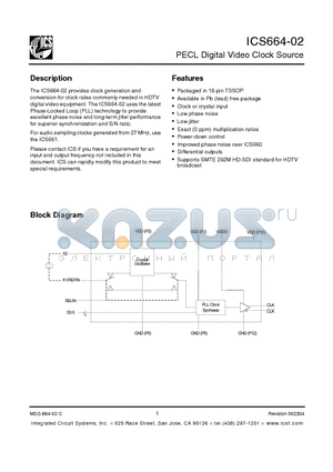 ICS664G-02LFTR datasheet - PECL Digital Video Clock Source