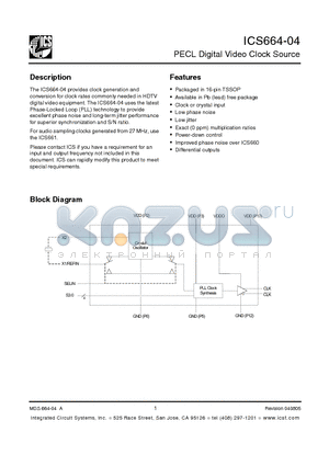 ICS664G-04LFTR datasheet - PECL Digital Video Clock Source