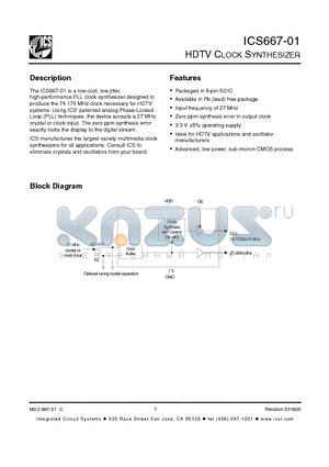 ICS667-01 datasheet - HDTV CLOCK SYNTHESIZER