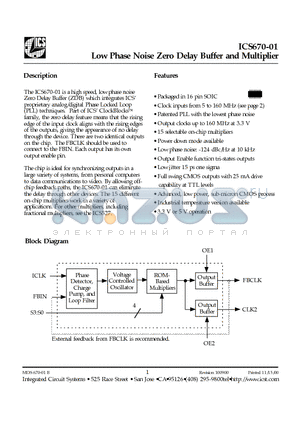 ICS670M-01T datasheet - Low Phase Noise Zero Delay Buffer and Multiplier