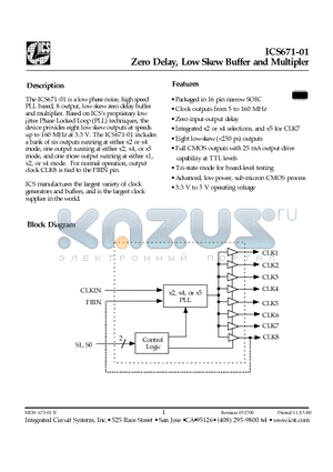 ICS671-01 datasheet - Zero Delay, Low Skew Buffer and Multipler