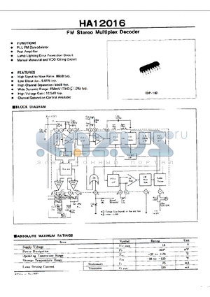 HA12016 datasheet - FM Stereo Multiplex Decoder