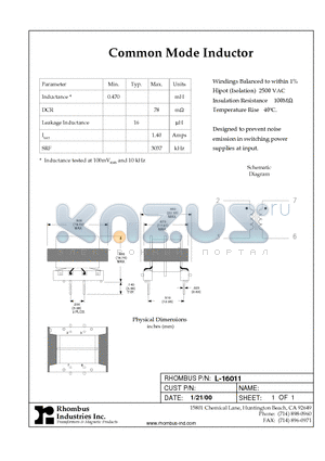 L-16011 datasheet - Common Mode Inductor