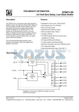 ICS671M-03I datasheet - 3.3 Volt Zero Delay, Low Skew Buffer