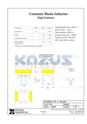 L-16016H datasheet - Common Mode Inductor