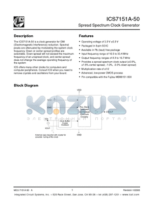 ICS7151AM-50 datasheet - Spread Spectrum Clock Generator