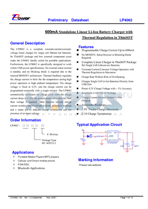 LP4062 datasheet - 600mA Standalone Linear Li-Ion Battery Charger with Thermal Regulation in ThinSOT