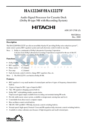 HA12226 datasheet - Audio Signal Processor for Cassette Deck(Dolby B-type NR with Recording System)