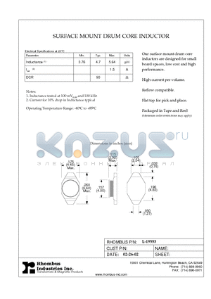 L-19553 datasheet - SURFACE MOUNT DRUM CORE INDUCTOR