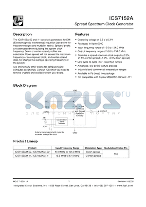 ICS7152AMI-02LF datasheet - Spread Spectrum Clock Generator