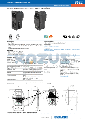 6762 datasheet - IEC Appliance Inlet C14 or C18 with Line Switch 2 pole and Fuseholder 2-pole