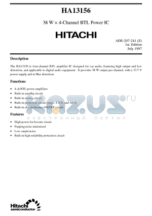 HA13156 datasheet - 38 W x 4-Channel BTL Power IC