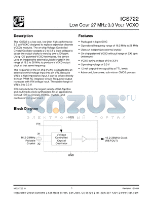 ICS722MLFT datasheet - LOW COST 27 MHZ 3.3 VOLT VCXO