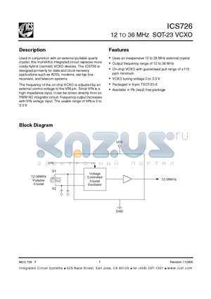 ICS726 datasheet - 12 TO 36 MHZ SOT-23 VCXO