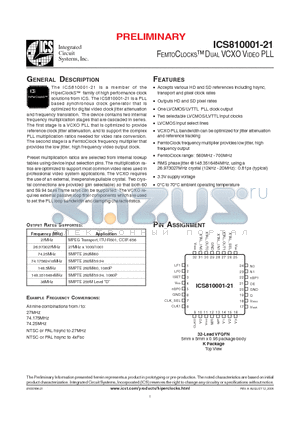 ICS810001-21 datasheet - FEMTOCLOCKS-TM DUAL VCXO VIDEO PLL