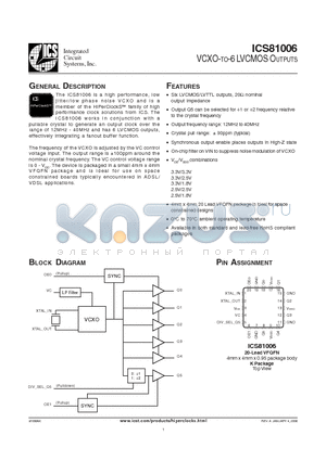 ICS81006AKLF datasheet - VCXO-TO-6 LVCMOS OUTPUTS