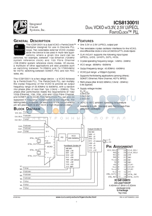 ICS813001AGIL datasheet - DUAL VCXO W/3.3V, 2.5V LVPECL FEMTOCLOCK-TM PLL