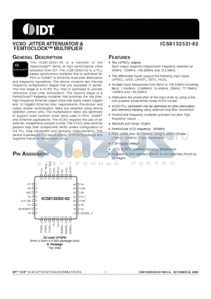 ICS813252I-02 datasheet - VCXO JITTER ATTENUATOR & FEMTOCLOCK MULTIPLIER