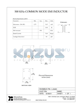 L-20491 datasheet - 500 KHz COMMON MODE EMI INDUCTOR