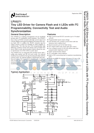 LP55271TLX datasheet - Tiny LED Driver for Camera Flash and 4 LEDs with I2C Programmability, Connectivity Test and Audio Synchronization