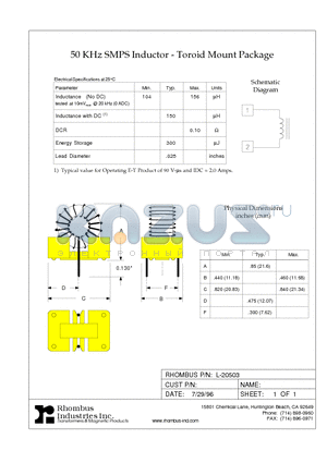 L-20503 datasheet - 50 KHz SMPS Inductor - Toroid Mount Package