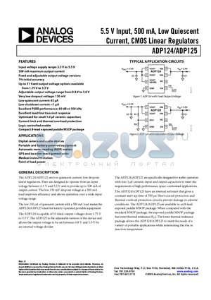 ADP125 datasheet - 5.5 V Input, 500 mA, Low Quiescent Current, CMOS Linear Regulators