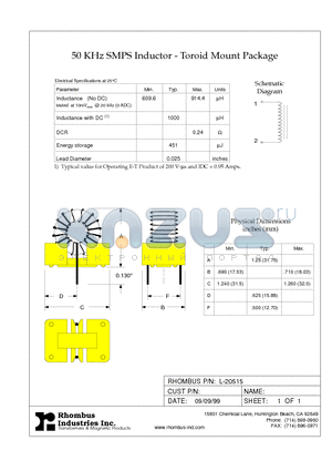 L-20515 datasheet - 50 KHz SMPS Inductor - Toroid Mount Package