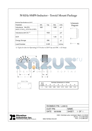 L-20516 datasheet - 50 KHz SMPS Inductor - Toroid Mount Package