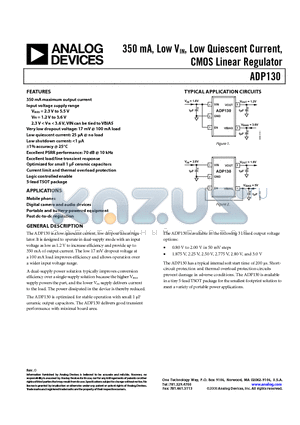 ADP130AUJZ-1.2-R7 datasheet - 350 mA, Low VIN, Low Quiescent Current, CMOS Linear Regulator