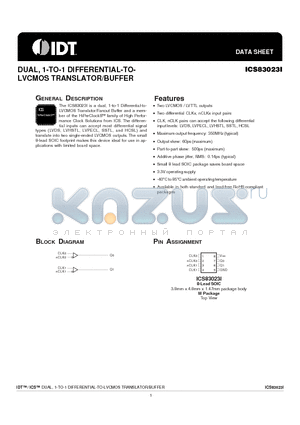 ICS83023AMILF datasheet - DUAL, 1-TO-1 DIFFERENTIAL-TOLVCMOS TRANSLATOR/BUFFER