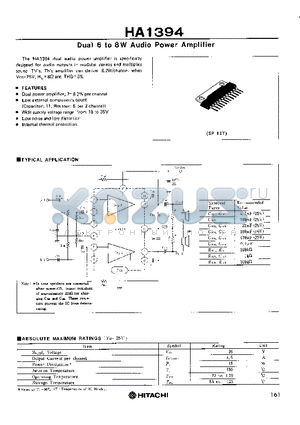 HA1394 datasheet - DUAL 6 TO 8 W AUDIO POWER AMPLIFIER