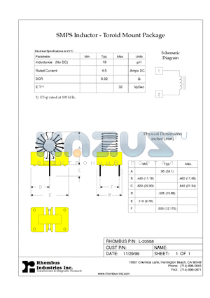 L-20588 datasheet - SMPS Inductor - Toroid Mount Package