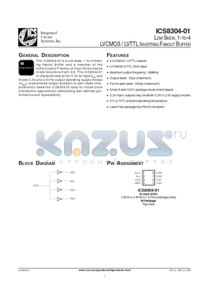 ICS8304-01 datasheet - LOW SKEW, 1-TO-4 LVCMOS / LVTTL INVERTING FANOUT BUFFER