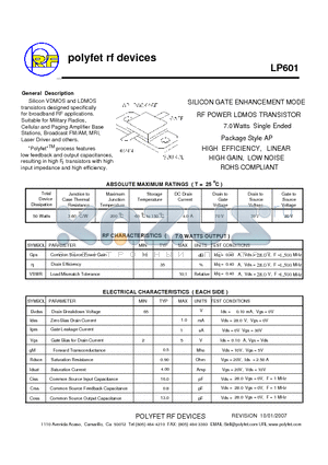 LP601 datasheet - SILICON GATE ENHANCEMENT MODE RF POWER LDMOS TRANSISTOR 7.0 Watts Single Ended Package Style AP
