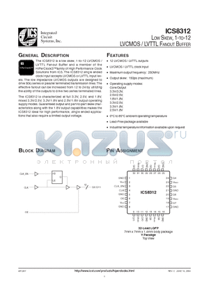 ICS8312AYT datasheet - LOW SKEW, 1-TO-12 LVCMOS / LVTTL FANOUT BUFFER