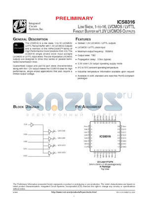 ICS8316 datasheet - LOW SKEW, 1-TO-16, LVCMOS / LVTTL FANOUT BUFFER W/1.2V LVCMOS OUTPUTS